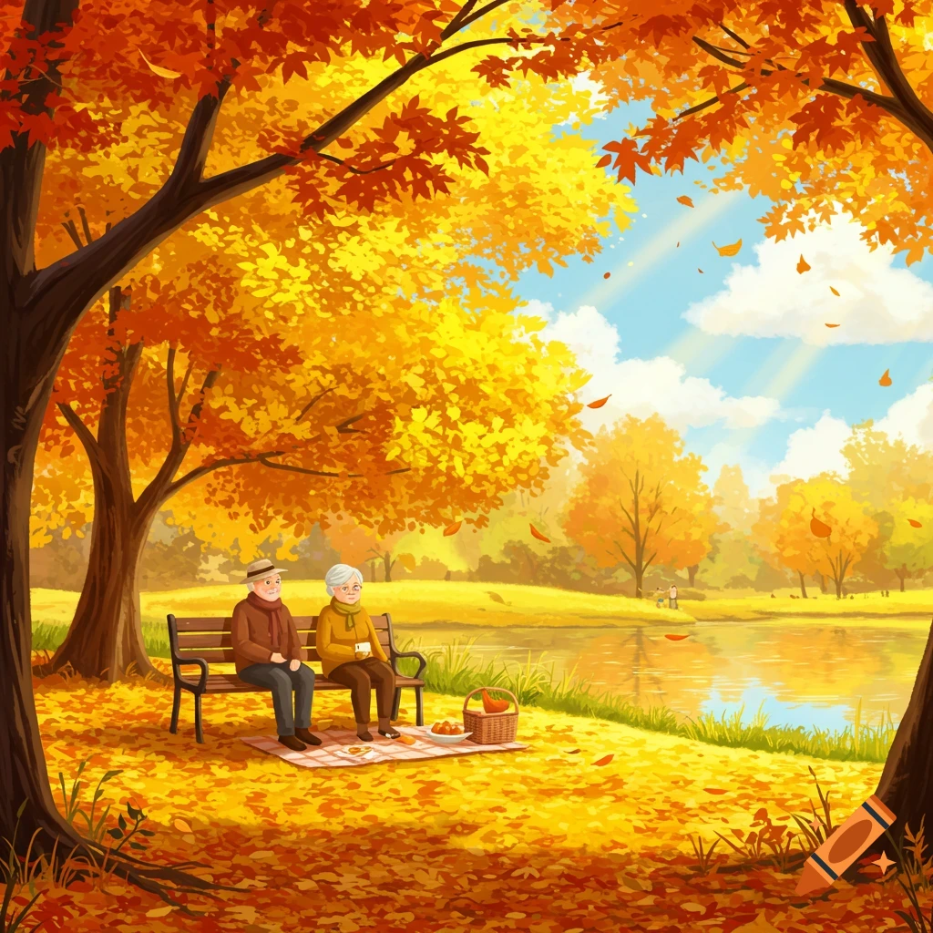An elderly couple enjoys a picnic under vibrant golden trees in an autumn park by a tranquil lake, illustrated.