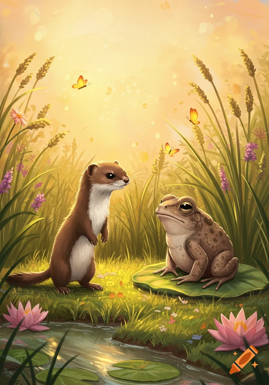 An illustrated weasel stands opposite a toad sitting on a lily pad in a sunny, grassy meadow with a stream and butterflies.