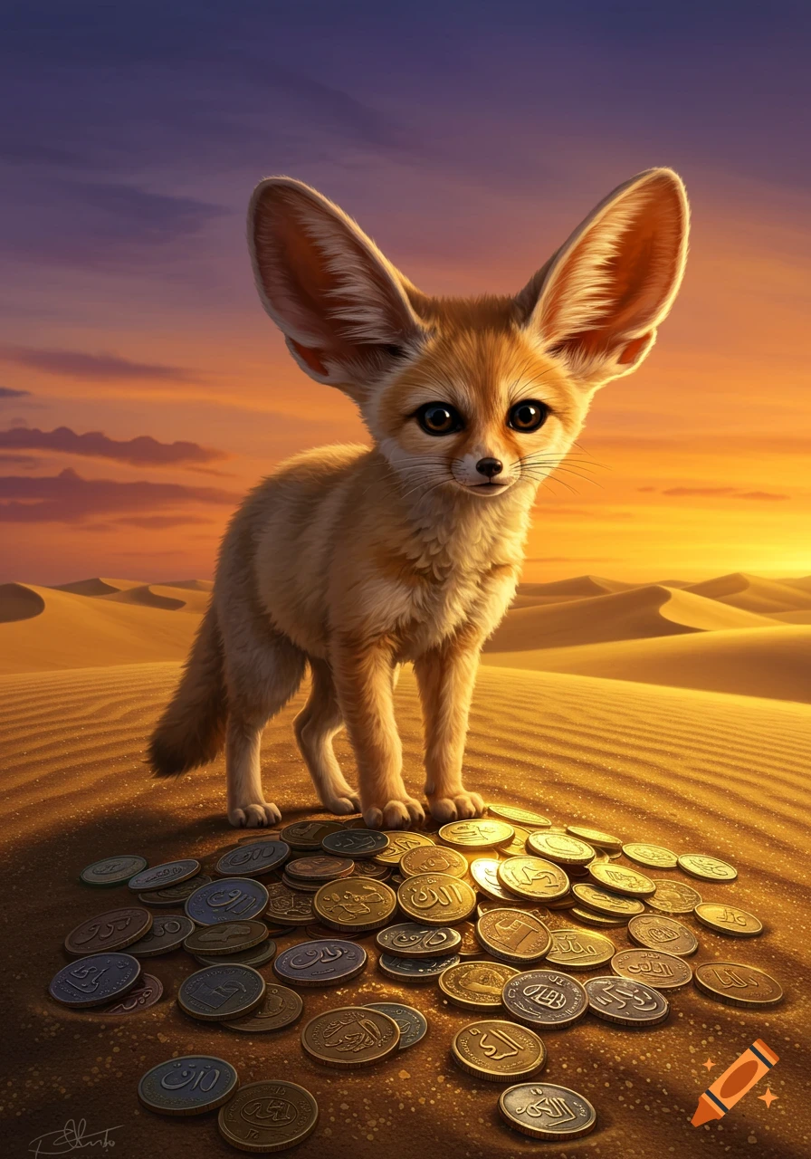 A cute fennec fox with large ears stands on a pile of gold and silver coins in a golden desert at sunset.