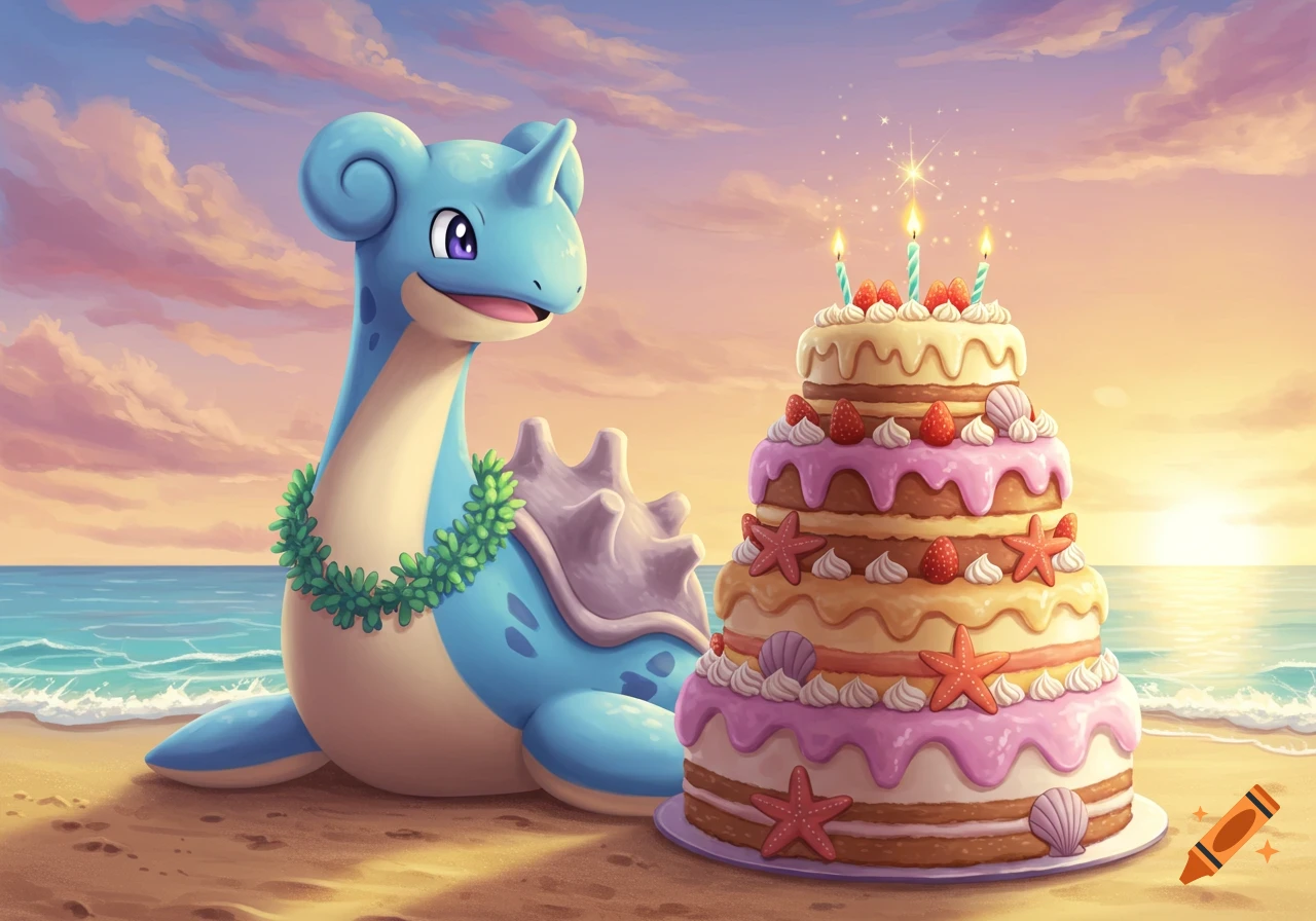 Lapras Pokémon wearing a lei on a beach next to a large tiered birthday cake with candles, strawberries, starfish, and seashells, at sunset.