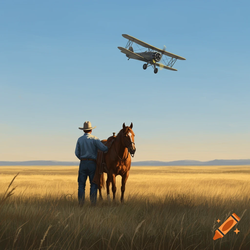 A cowboy with his horse stands in a golden field, looking up at a biplane flying in a clear blue sky.