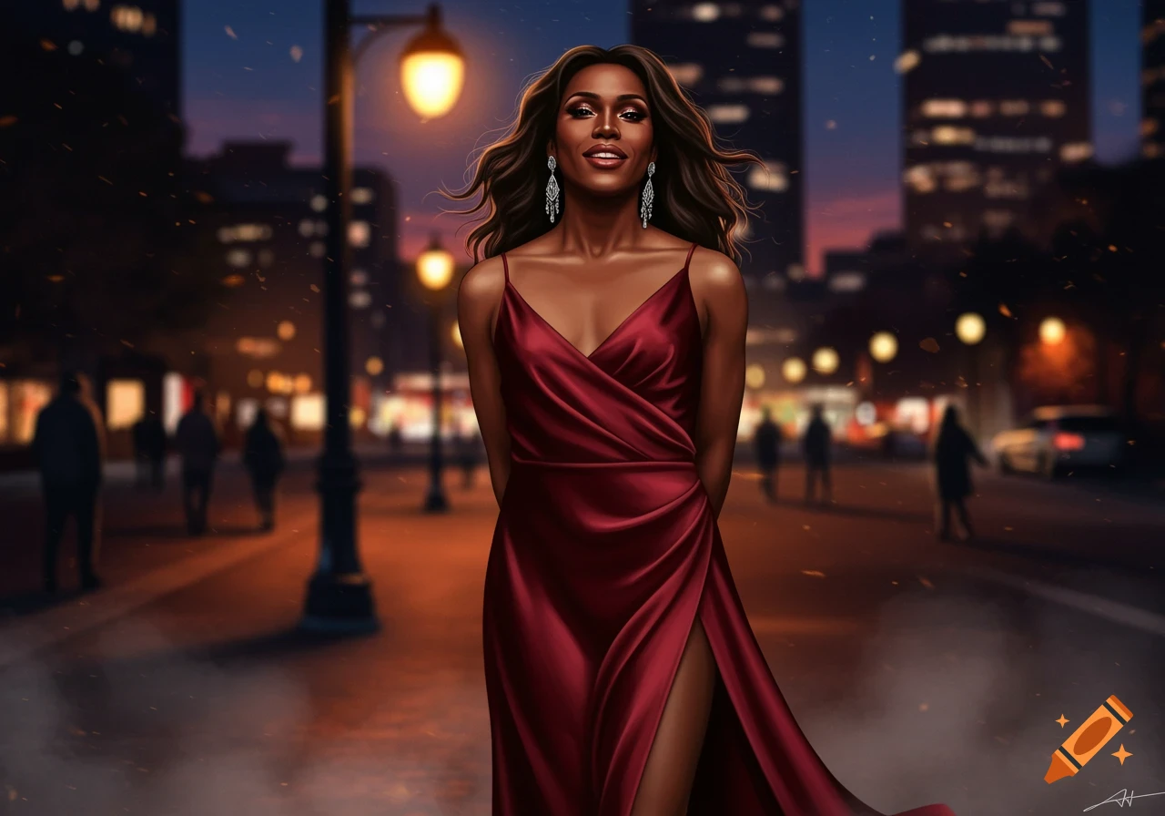 A stunning digital illustration of a woman in a flowing red satin dress with a high slit, smiling on a city street at night.