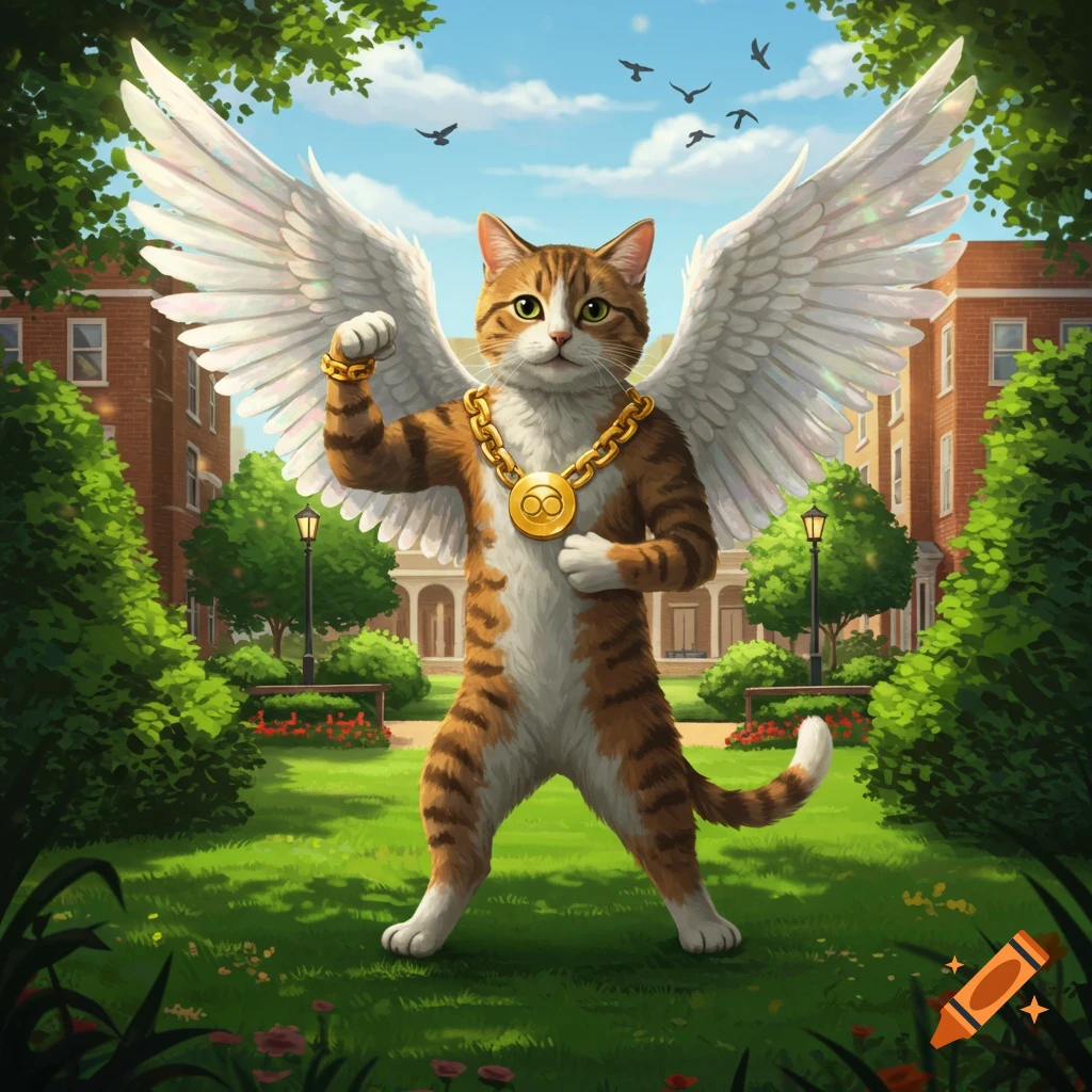 A stylized anthropomorphic tabby cat with white wings and a gold chain stands flexing its bicep in a lush park with buildings.