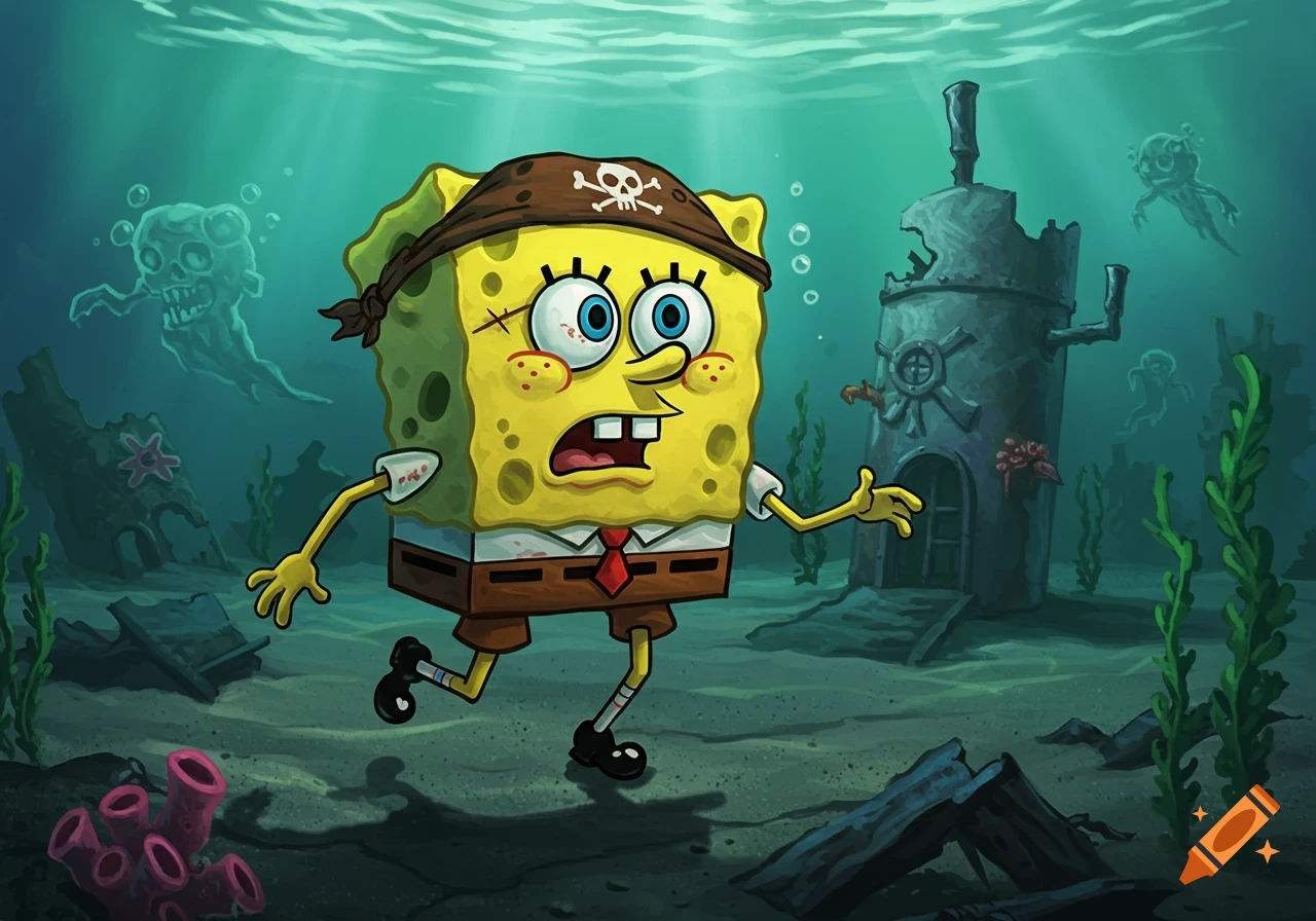 Scared Spongebob Squarepants as a pirate runs from zombie jellyfish in an underwater scene.