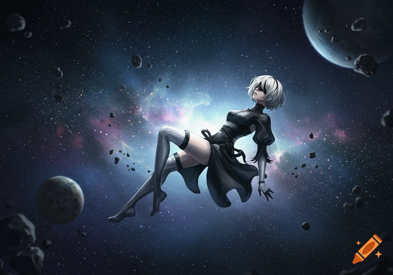 Anime character 2B in a black dress floats gracefully amidst a starry galaxy with planets and asteroids in a digital art style.