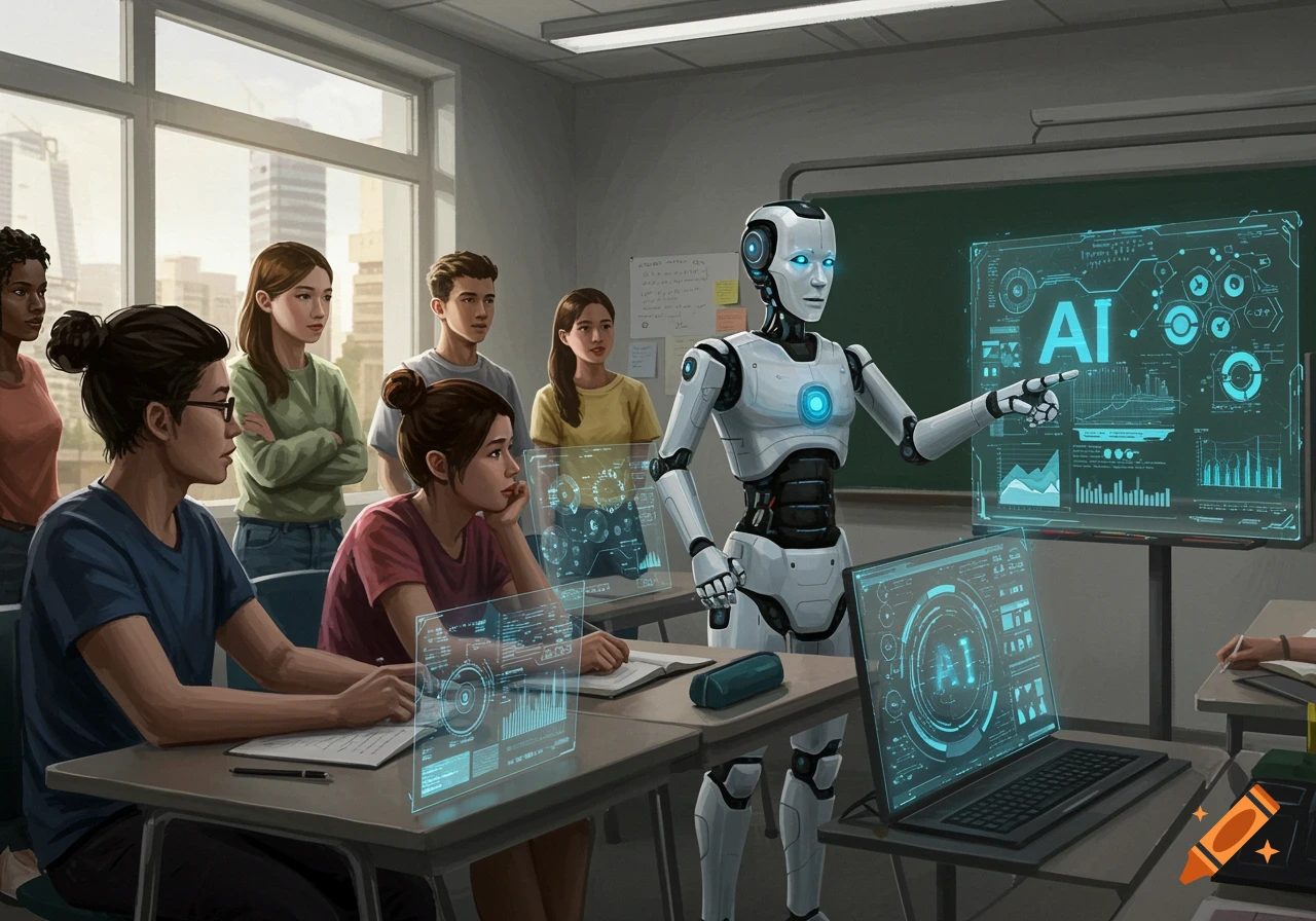 A robot teacher points at a holographic screen displaying 'AI' concepts to students in a modern classroom, digital illustration.