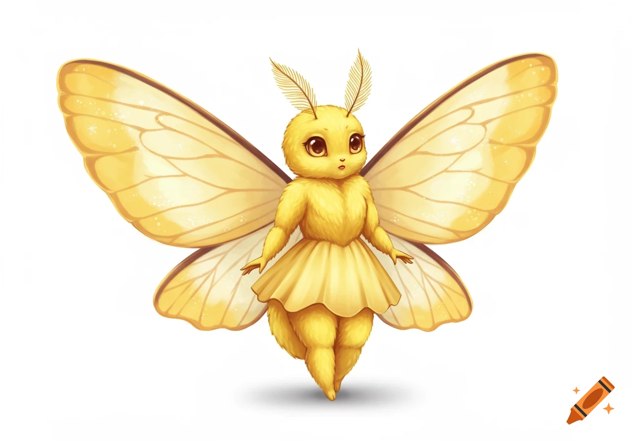 A cute, fluffy yellow anthropomorphic moth character with large wings, wearing a frilly yellow skirt, on a white background.