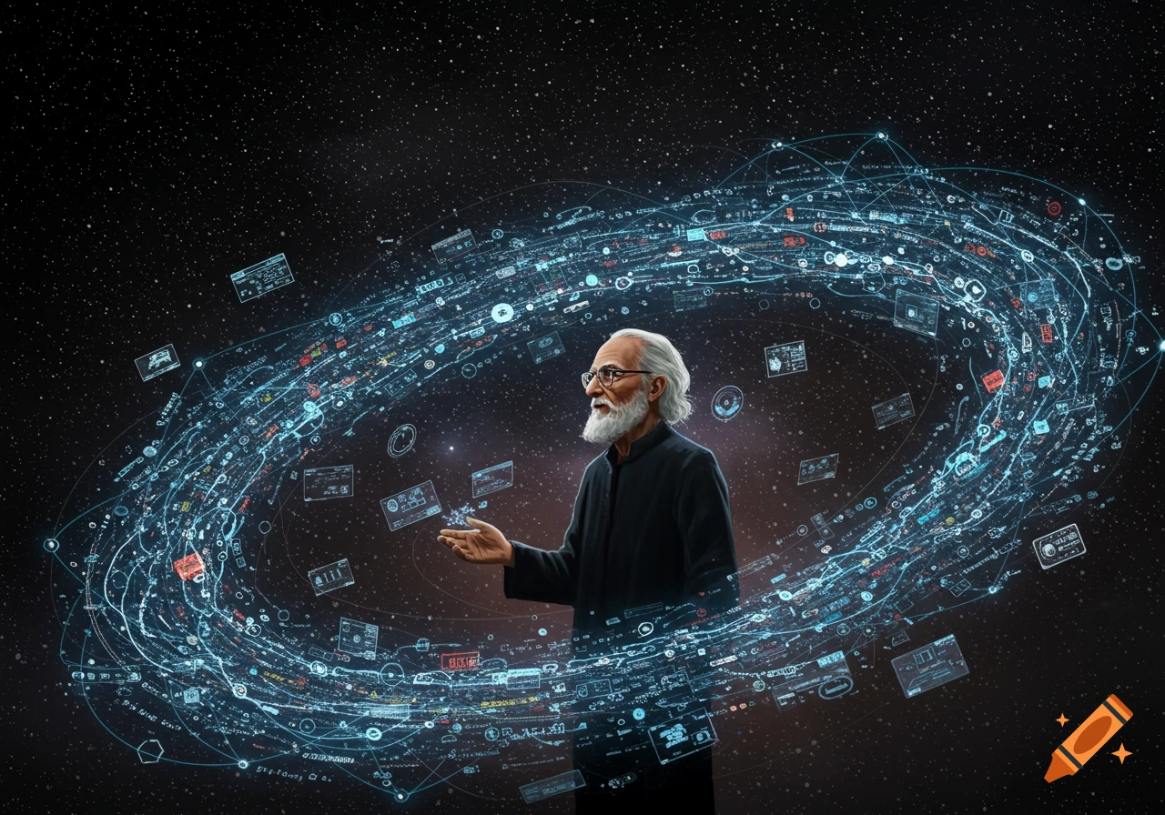 Older man with a white beard and glasses in a dark space background, surrounded by swirling blue digital data.