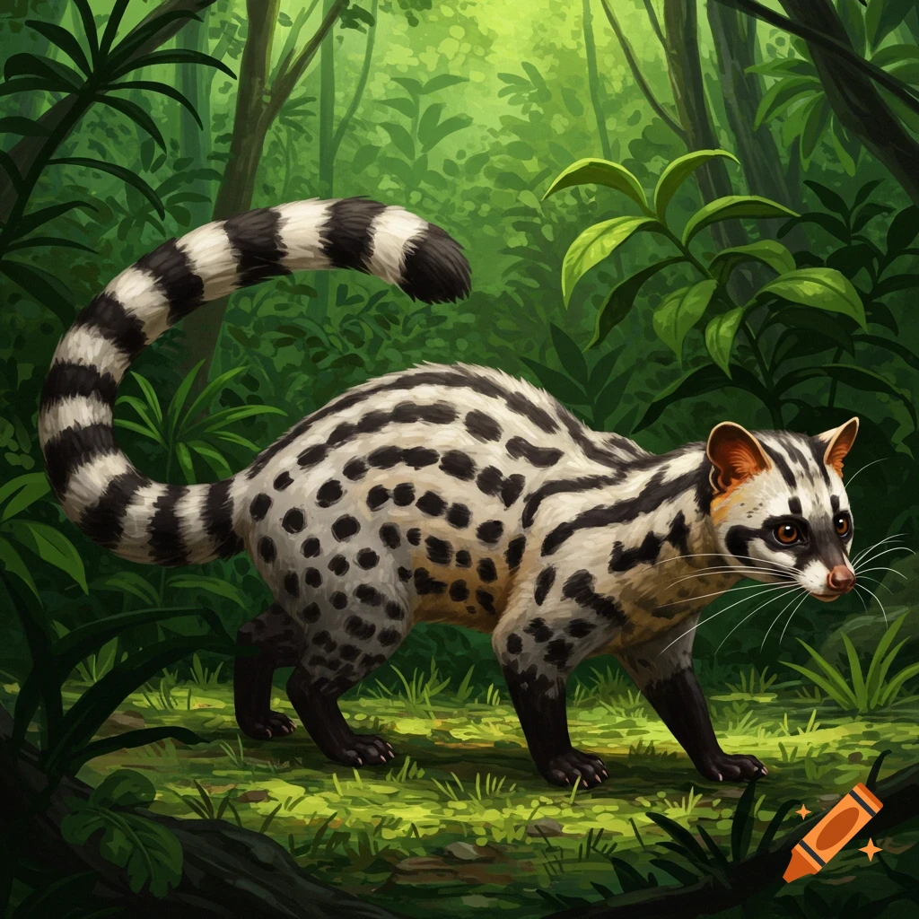 An Owston's palm civet with black spots and stripes on white fur walks through a lush green jungle.