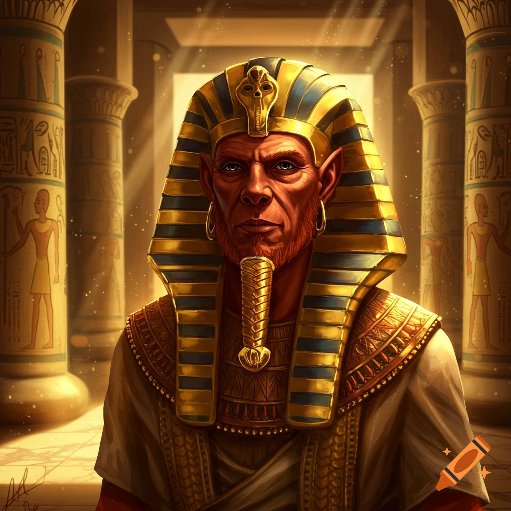 A red-skinned pharaoh in a golden nemes headdress and beard stands in an ancient Egyptian temple with hieroglyph-carved columns.