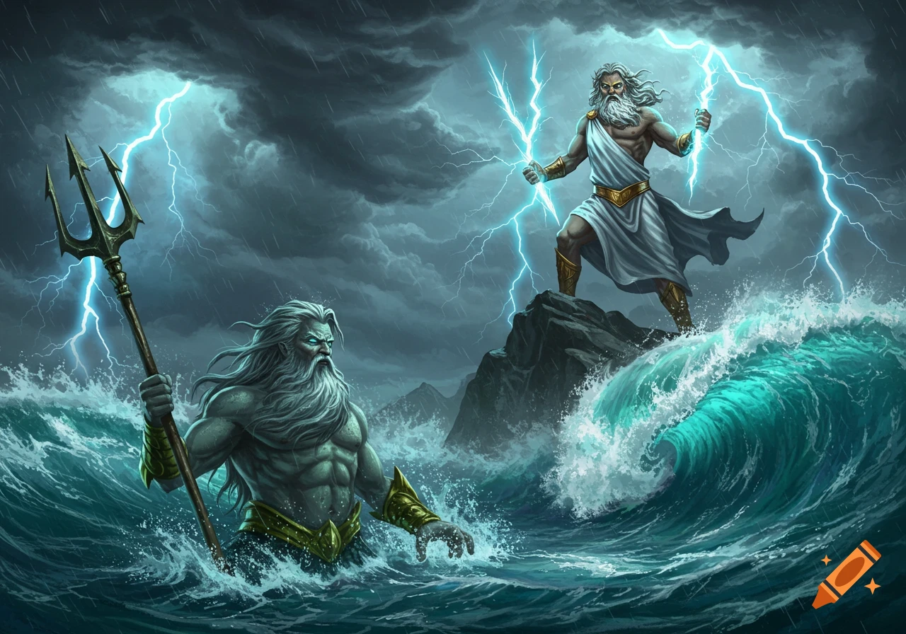 Zeus wielding lightning on a rock above stormy waves, facing Poseidon holding a trident in the turbulent sea.