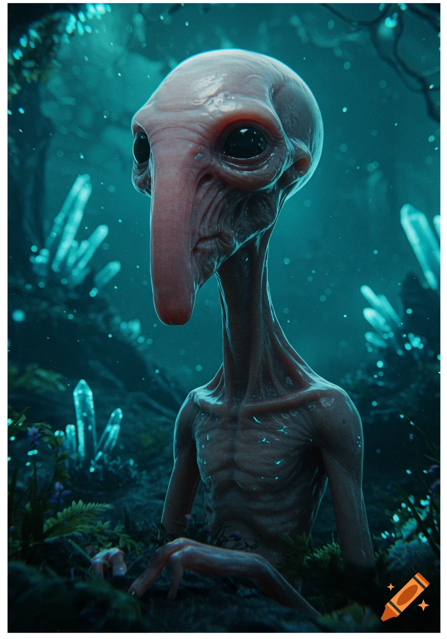 Photorealistic alien with a long nose in a dark, misty forest with glowing blue crystals.