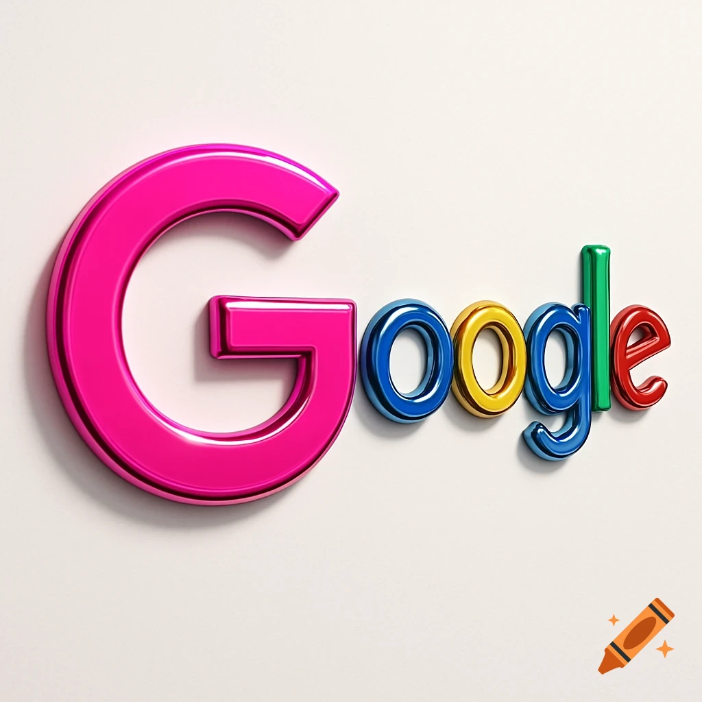 3D rendered Google logo with a metallic pink G and multi-colored remaining letters on a white background.