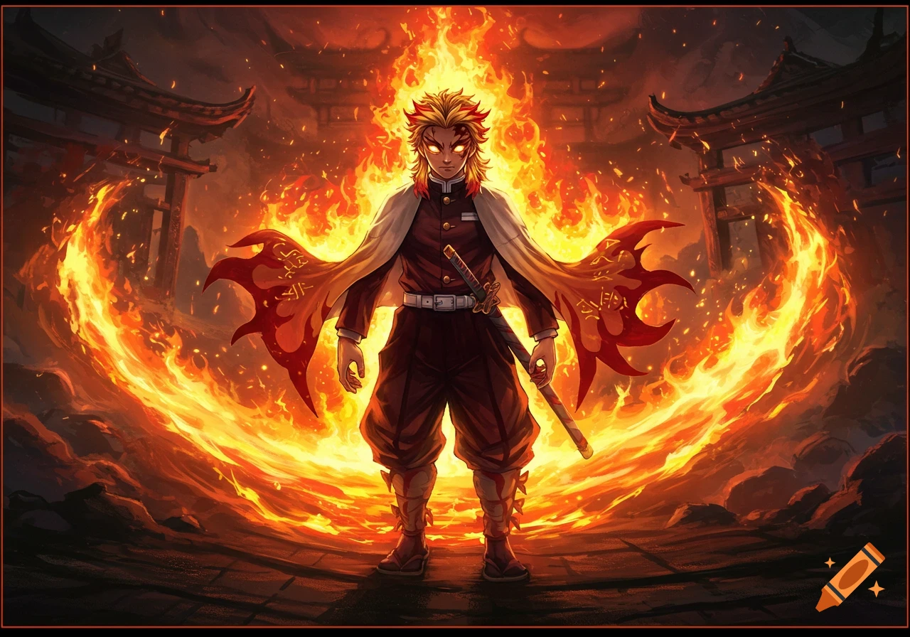 An anime character with golden hair and glowing eyes stands powerfully in a swirling ring of fire, with temple gates in the background.