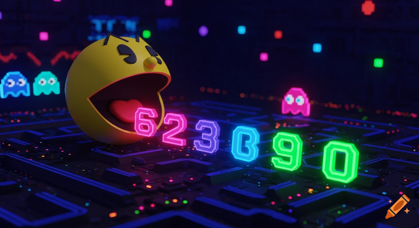 Pac-Man and ghosts on a dark circuit board maze, with Pac-Man approaching glowing neon numbers '623090' in a retro arcade style.