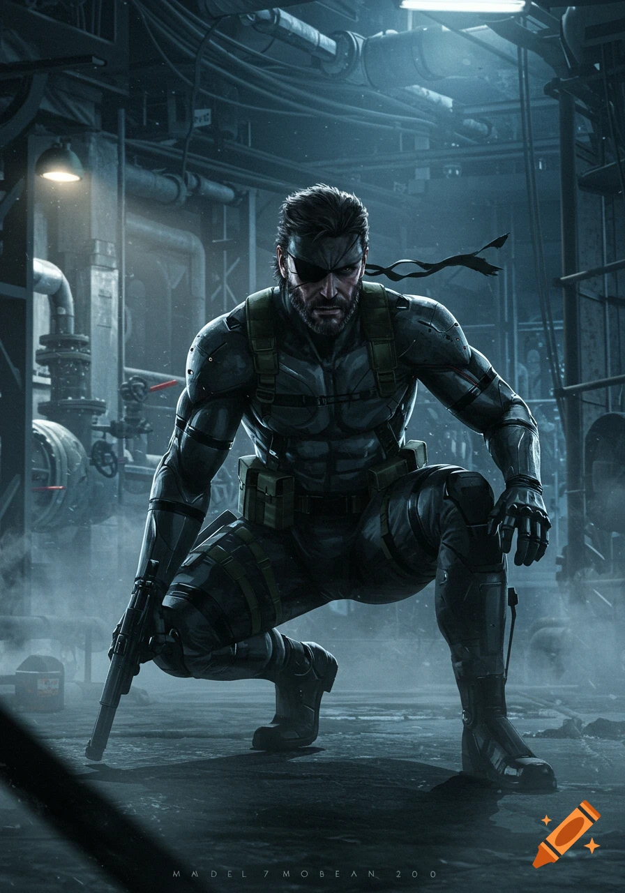 Solid Snake in tactical gear crouches with a gun in a dark, industrial facility, rendered in a detailed, gritty style.