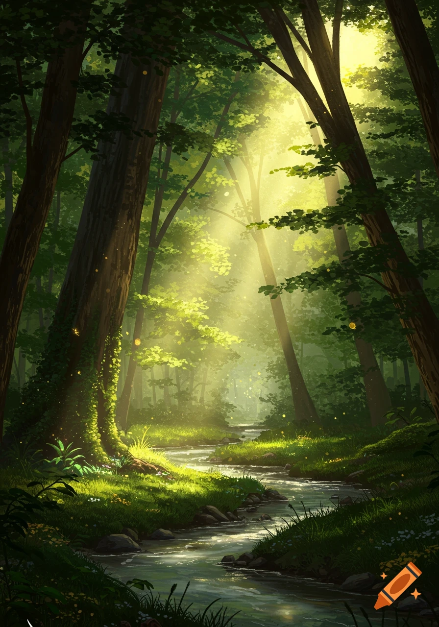 Stylized, vibrant forest scene with a stream winding through sunlit trees, casting rays of light and showing glowing specks.