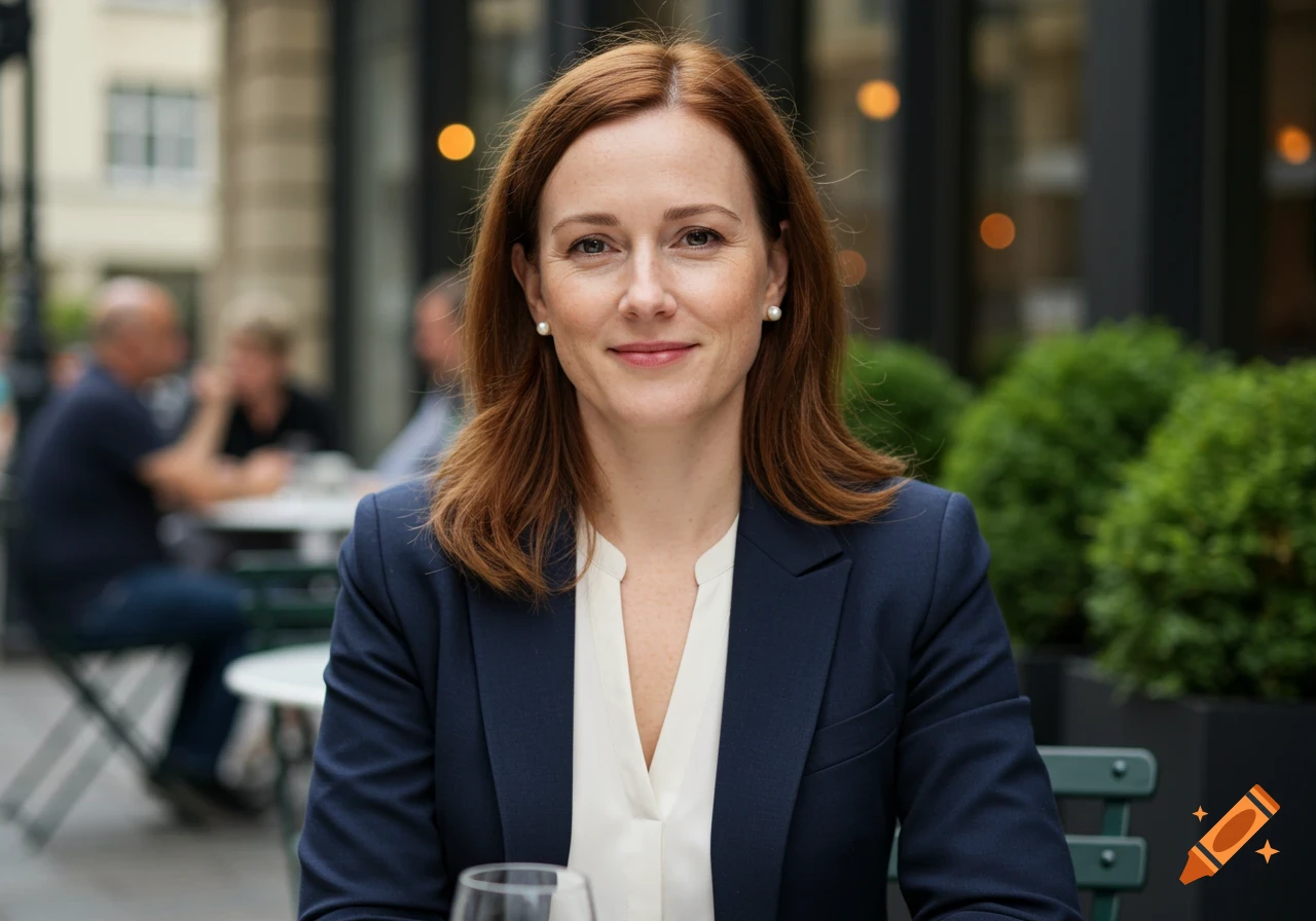 A smiling red-haired woman in a navy blazer and white blouse sits at an outdoor cafe.