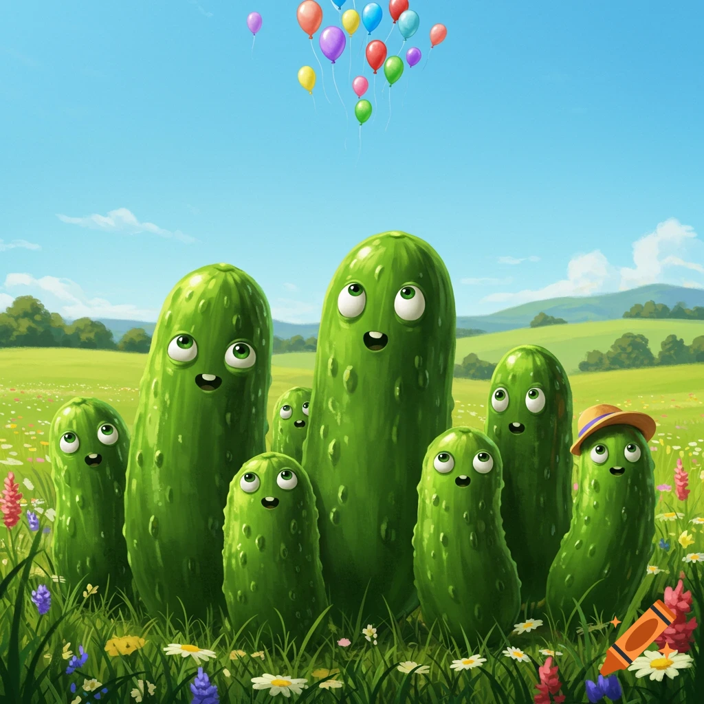 A group of cute cartoon pickle characters in a field of wildflowers look up at colorful balloons in a blue sky.