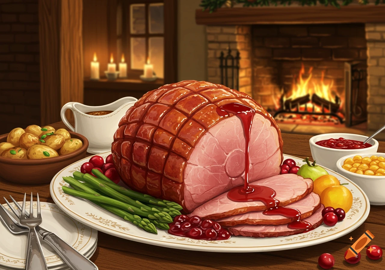 A festive illustration of a glazed ham, sliced and sauced, with asparagus, potatoes, and cranberries on a dinner table by a warm fireplace.