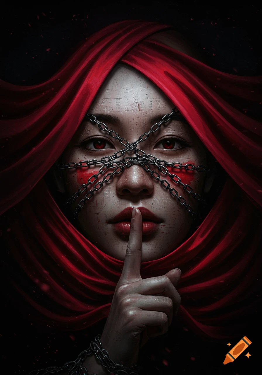 A woman's face, partially obscured by red fabric and chains, with a finger to her lips, red eyes, and red marks on her cheeks, in a dark, surreal style.