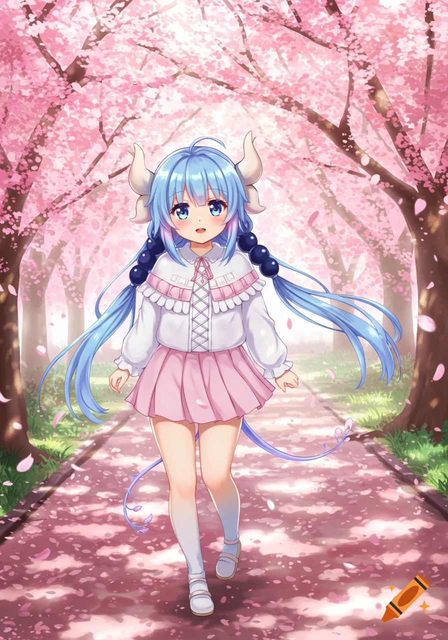 Anime dragon girl with blue hair and horns walks on a path covered in pink cherry blossom petals.