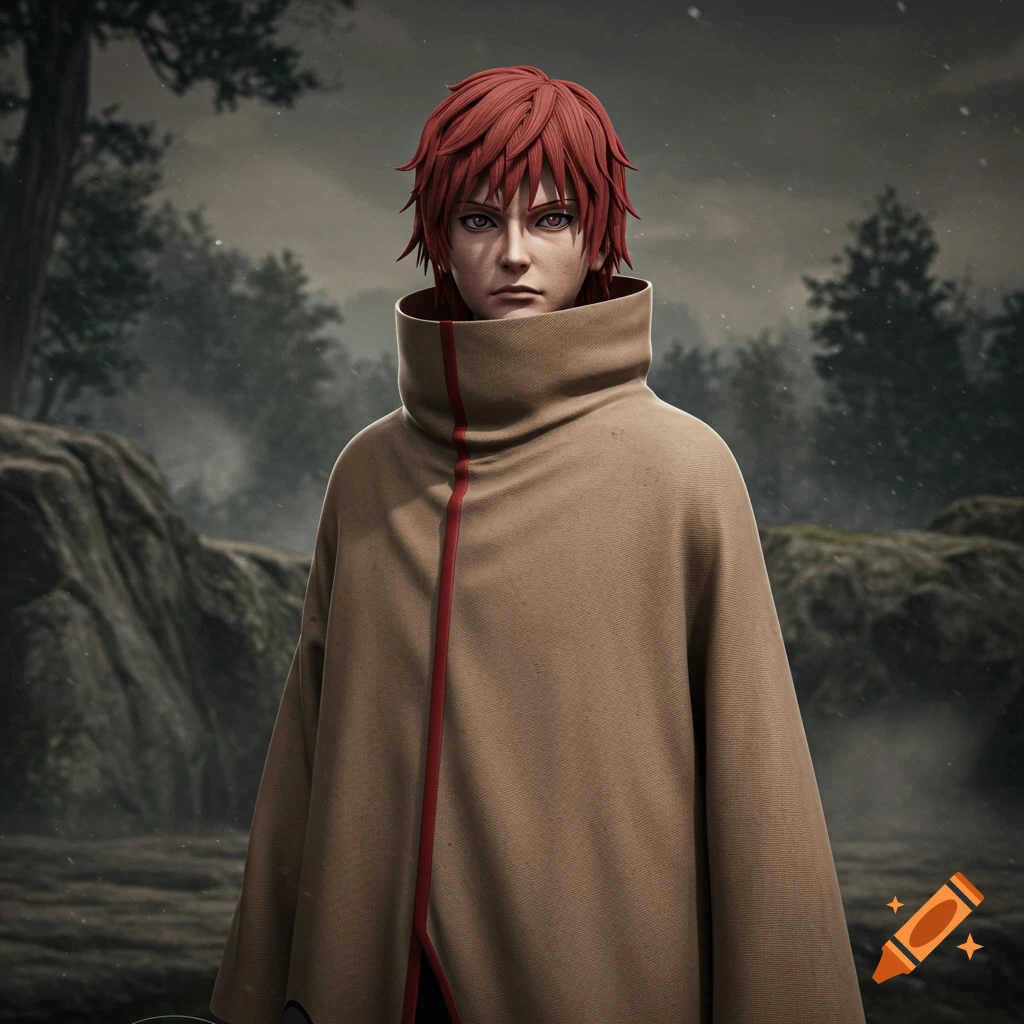 A male character with spiky red hair and a beige cloak with a red stripe stands in a misty forest.