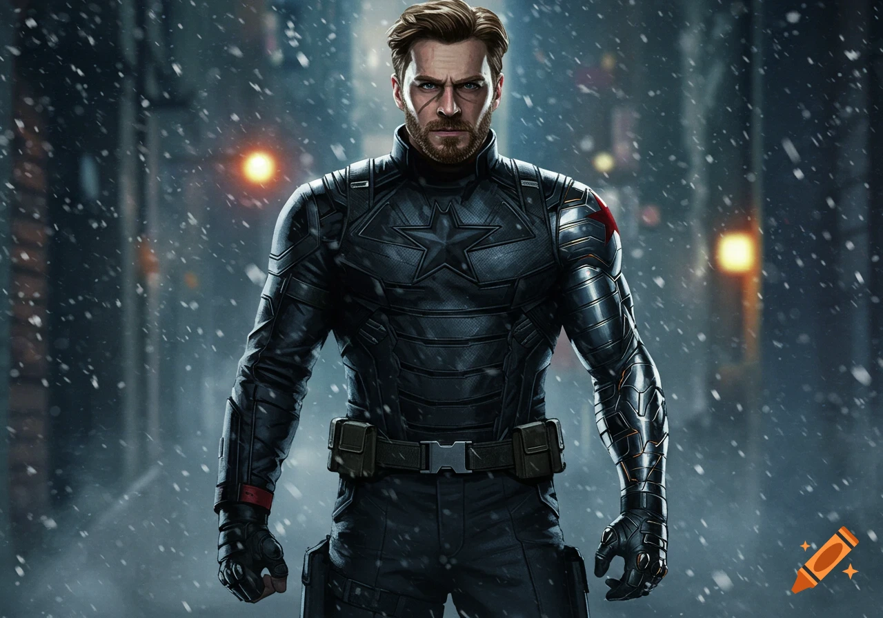 A bearded man in a dark, armored suit with a star emblem on the chest stands in a snowy city street, looking determined.