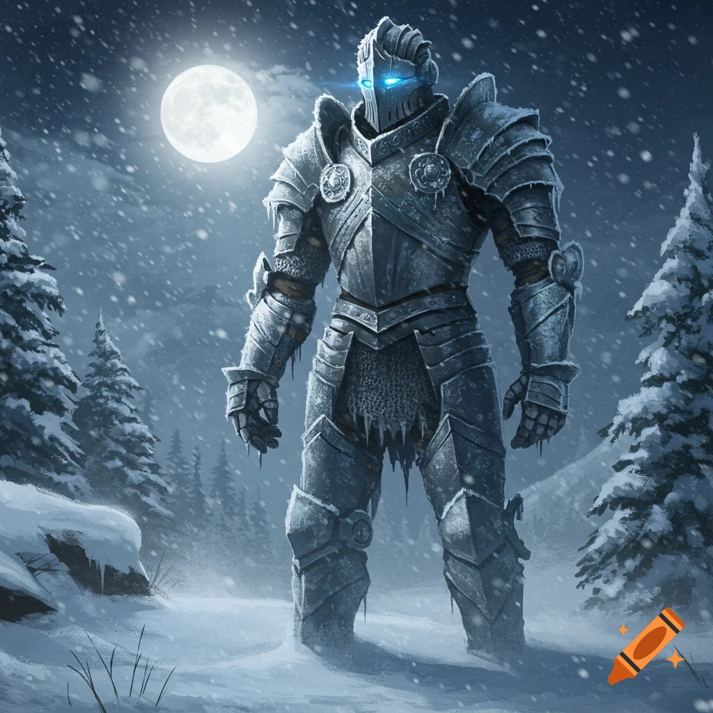 A formidable giant suit of frosty armor with glowing blue eyes stands in a moonlit, snowy forest during a blizzard.