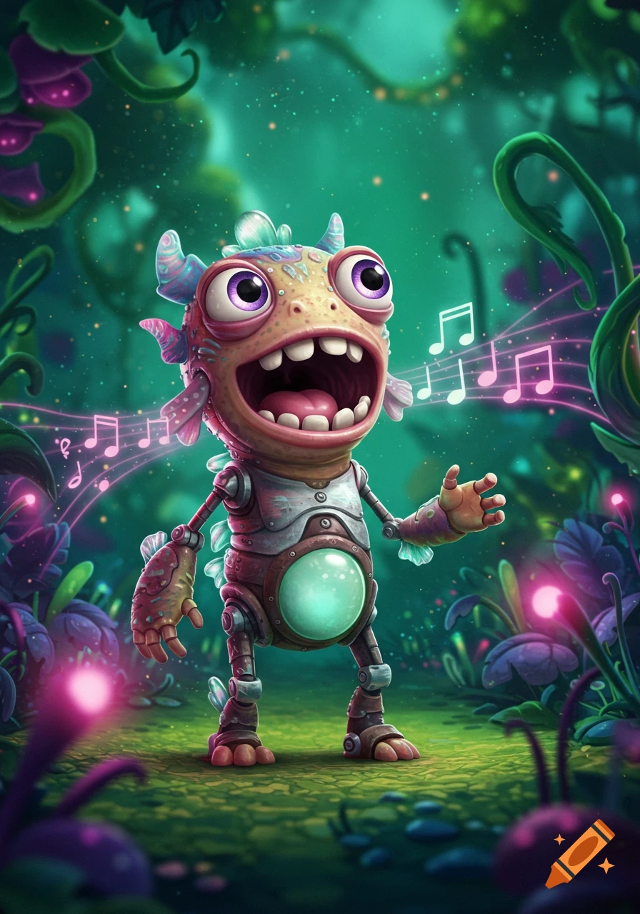 A colorful, cartoonish monster with big eyes and a wide-open mouth sings, with musical notes floating around it in a vibrant alien forest.