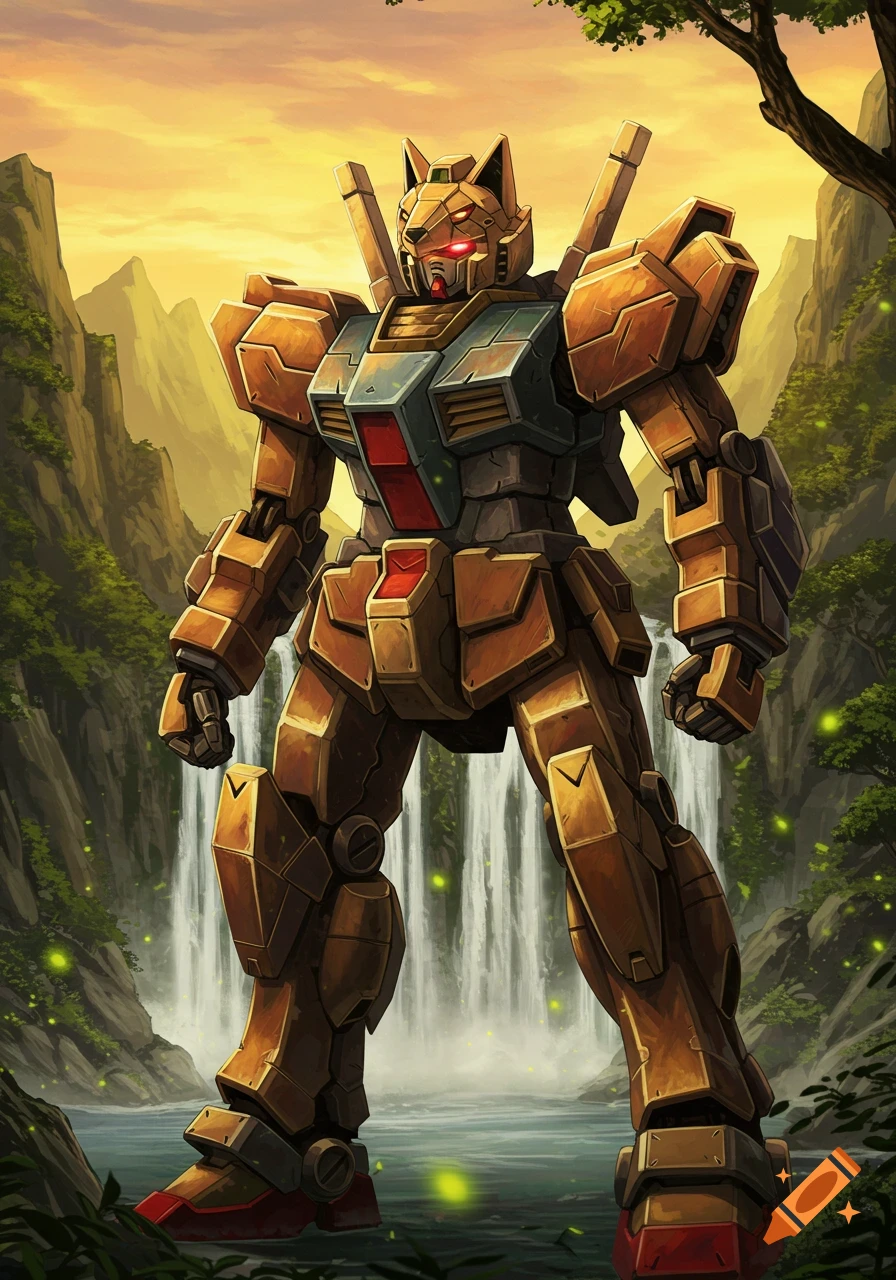 Illustrated bronze gundam-style mecha with a wolf head standing in a lush valley with waterfalls and mountains at sunset.