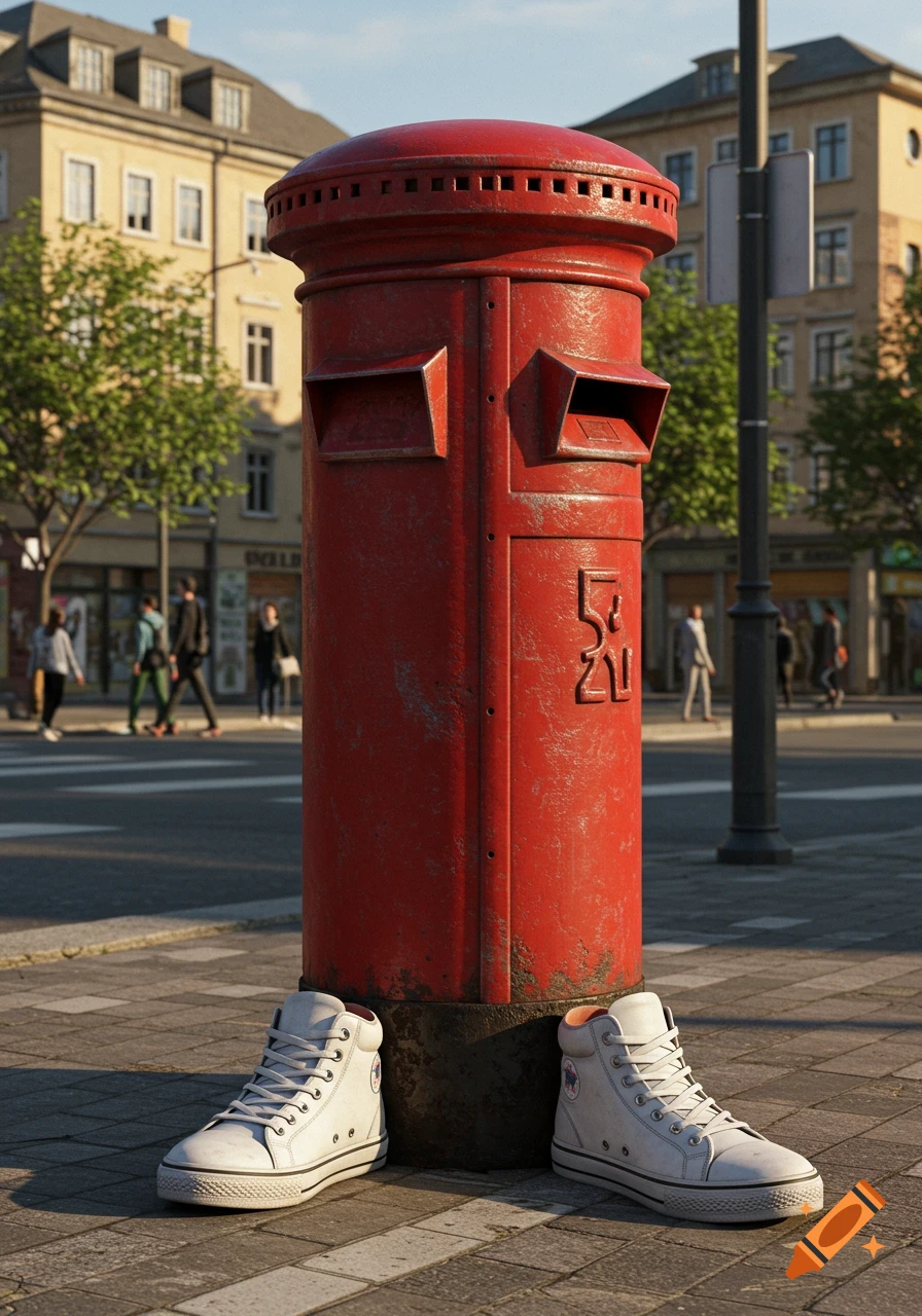 A red British post box with white high-top sneakers on a city sidewalk, with blurred buildings and people in the background.