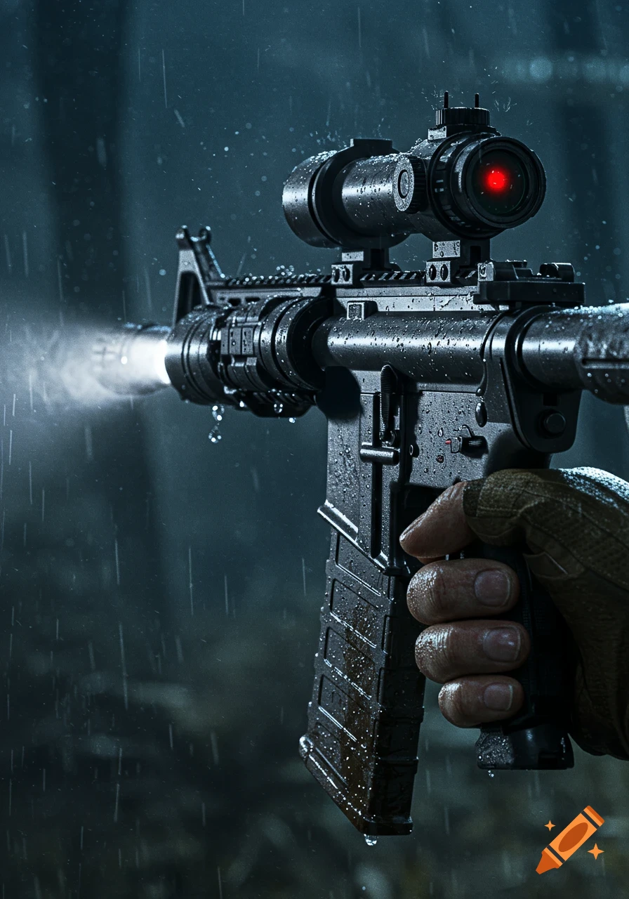 Extreme close-up of an AR-15 rifle covered in rain, held by a gloved hand in a dark, rainy forest. Photorealistic style.