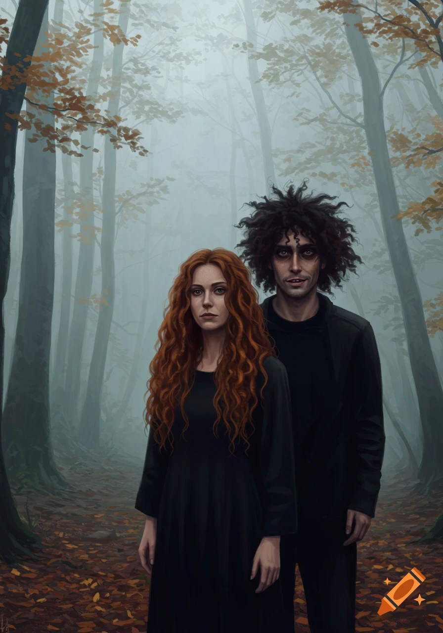 A solemn woman with long red curly hair and a man with dark, messy hair and dark eyes stand in a foggy, ethereal forest with autumn leaves on the ground.