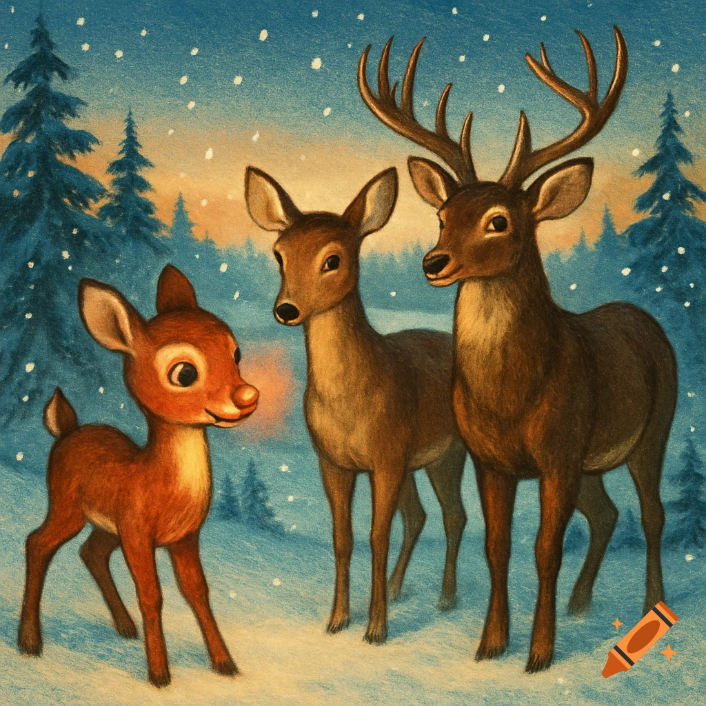 Illustration of a fawn with a glowing red nose, a doe, and a buck standing in a snowy winter forest with falling snow.