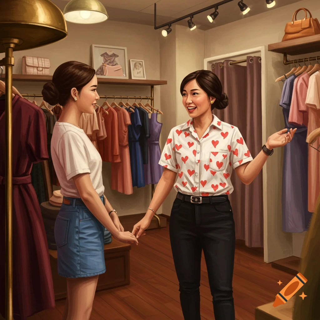 Two smiling women holding hands in a clothing store with racks of dresses and accessories.
