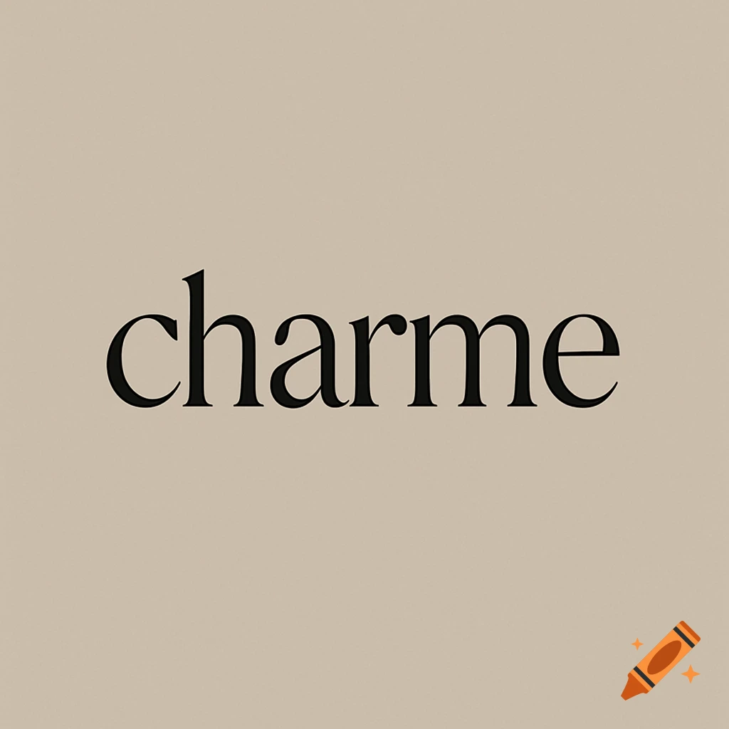 Minimalist logo featuring the word 'charme' in black serif font on a light beige background.