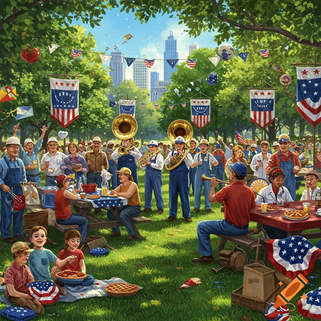 A festive Labor Day picnic in a park with a brass band playing, many people eating, and children playing on the grass. City buildings are in the background.