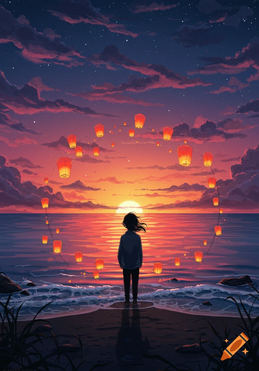 A person stands on a beach, facing a vibrant sunset over the ocean, surrounded by numerous floating lanterns, in an anime art style.