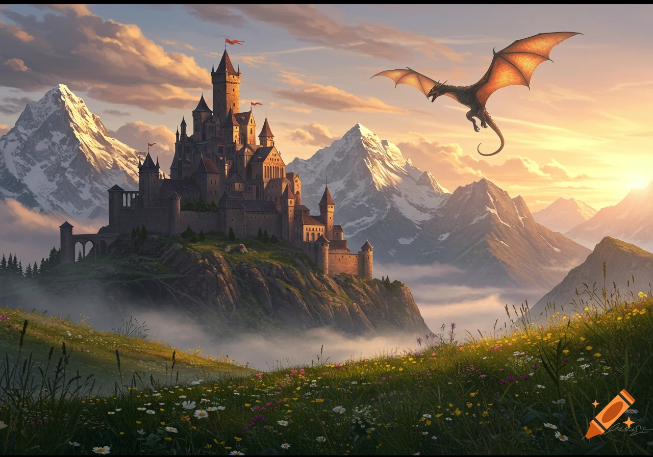 A fantasy landscape with a medieval castle on a hill, snow-capped mountains, a dragon flying, and wildflowers in the foreground at sunset.