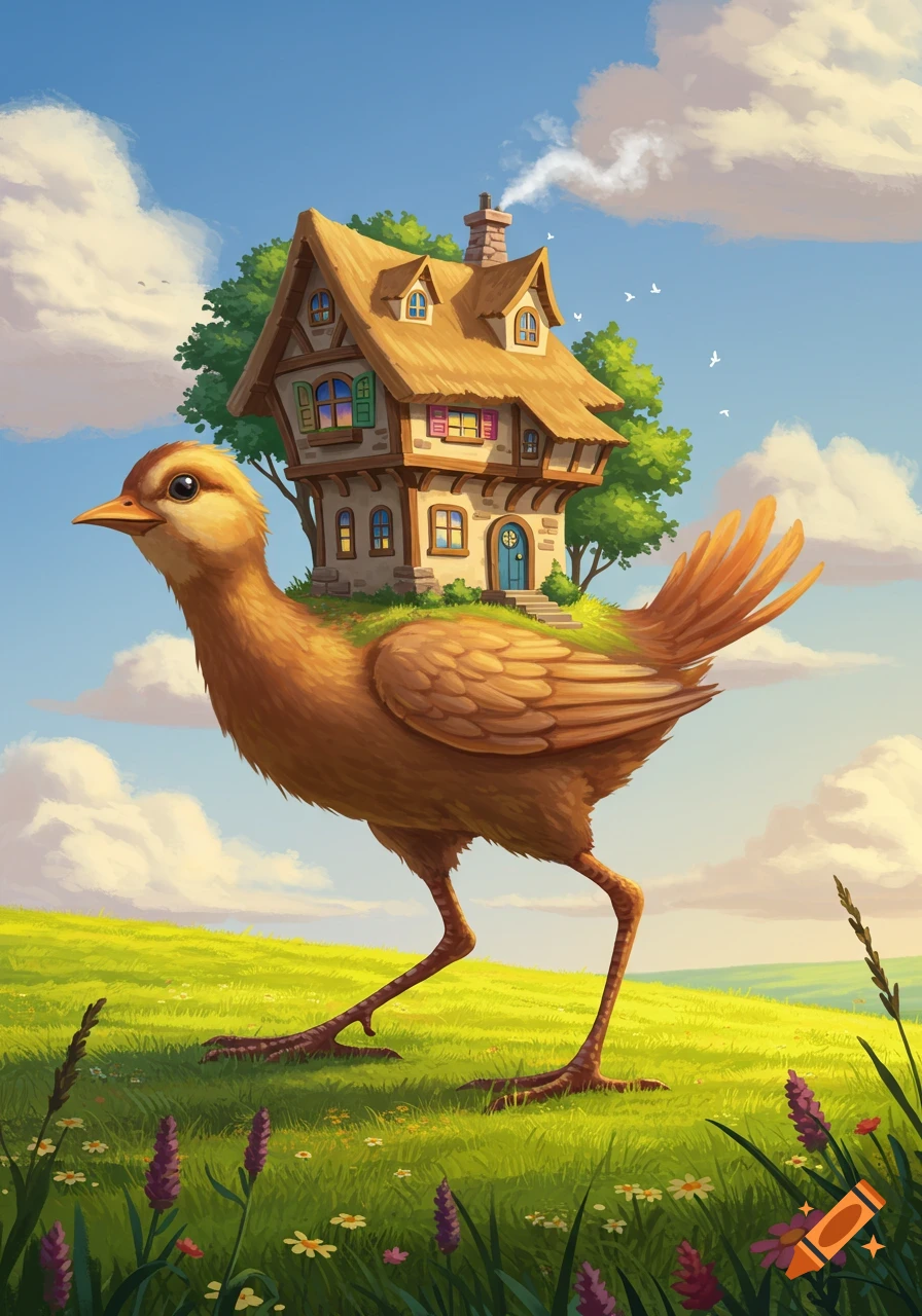 A whimsical cartoon illustration of a large brown bird with a small, quaint house on its back, walking in a green field under a blue sky.