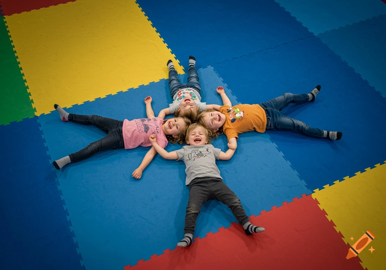 Four joyful children lying head-to-head on colorful mats in a starfish pose, laughing, viewed from above.