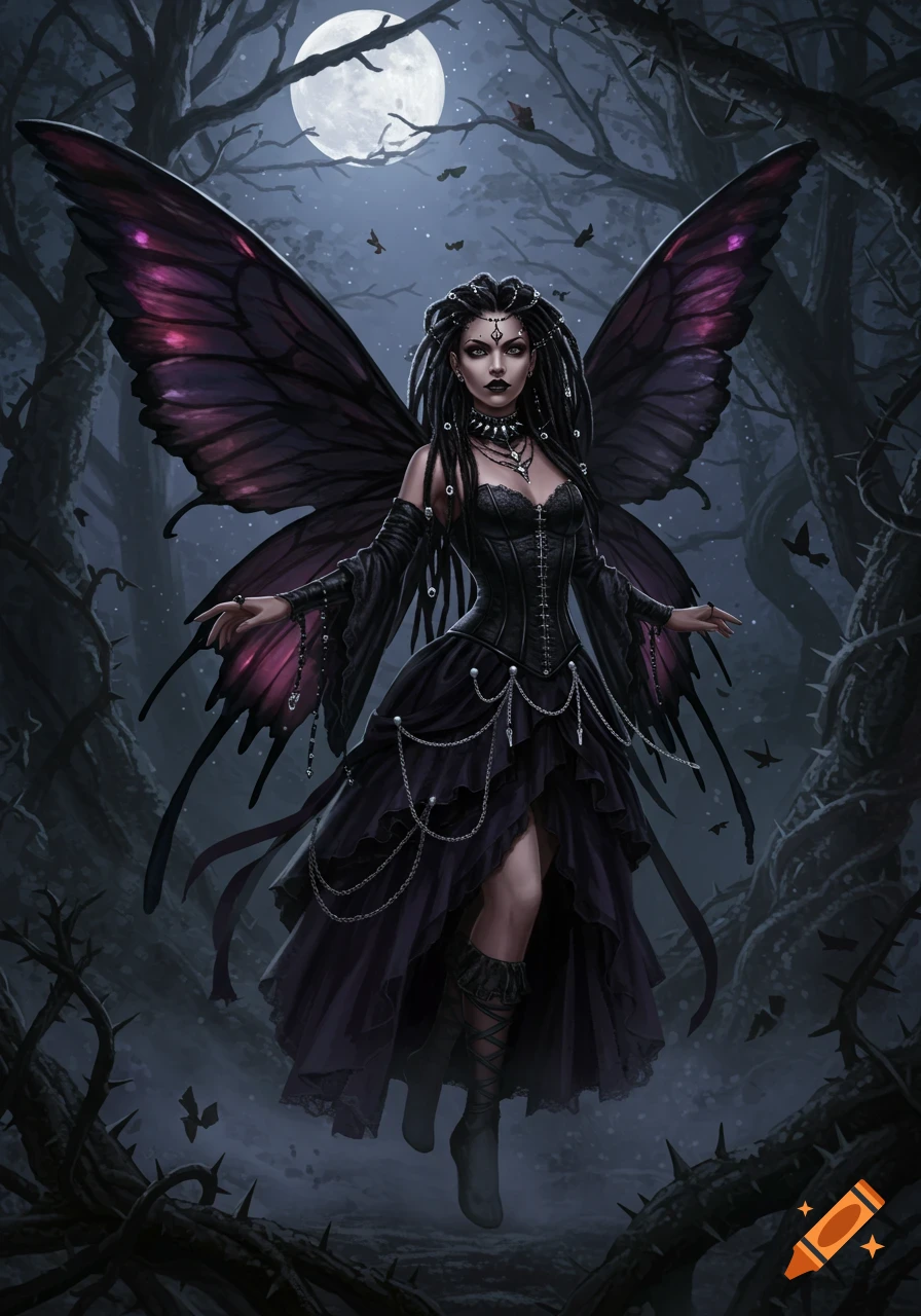 A gothic fairy with black dreadlocks, dark clothing, and large purple wings floats in a dark, thorny forest under a full moon.