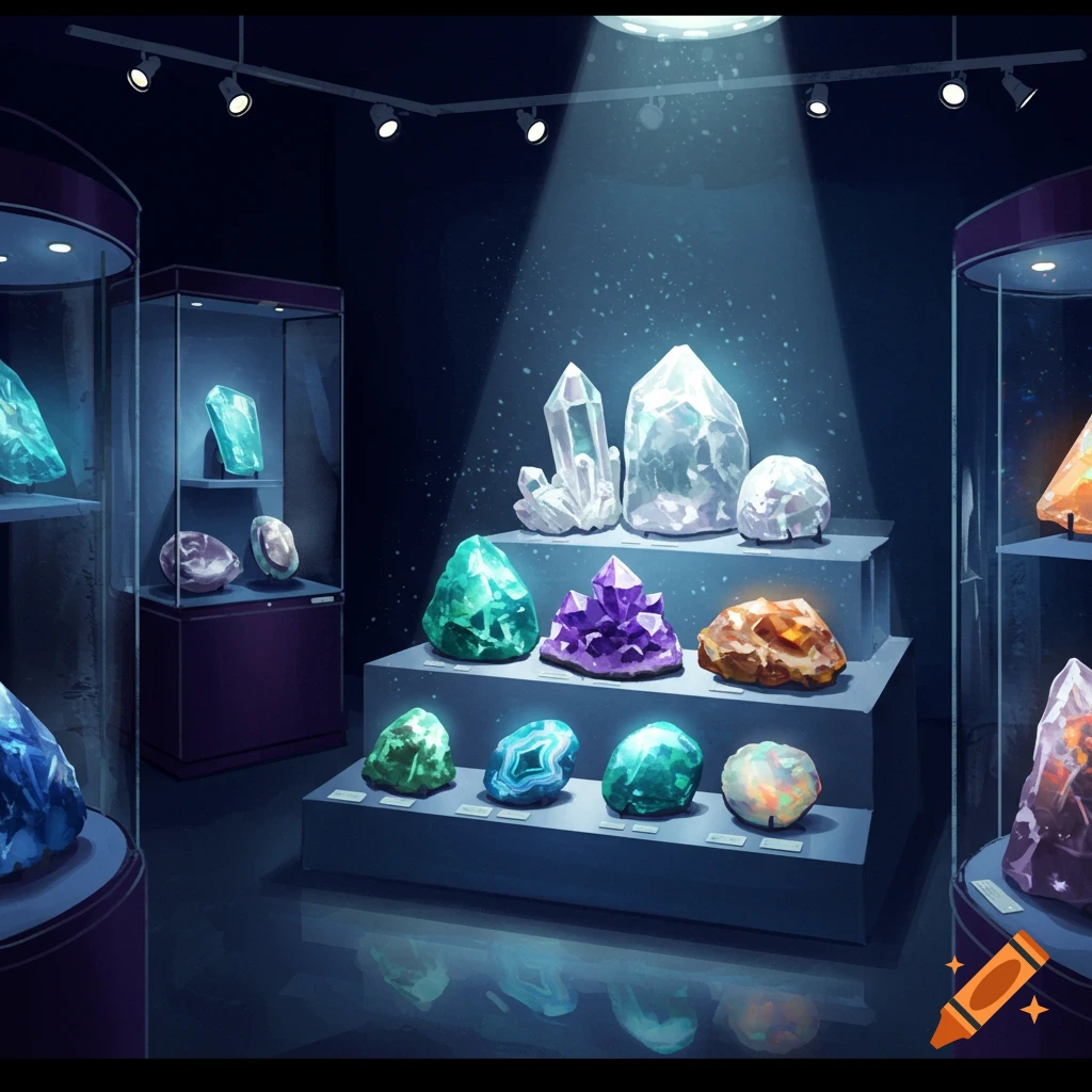 A dark museum display features various glowing, colorful minerals and gemstones arranged on tiered platforms, illuminated by spotlights.