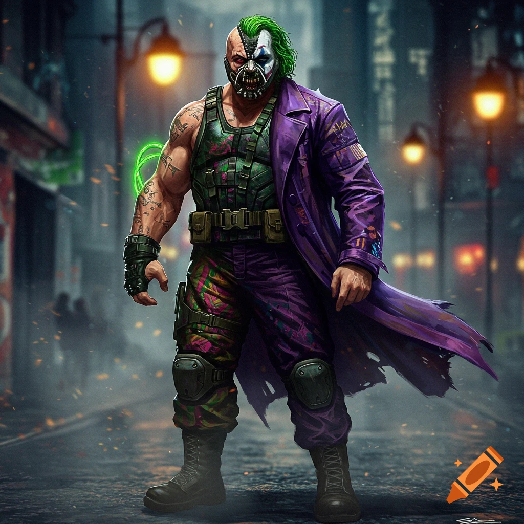A muscular man, a Bane and Joker hybrid, stands on a dark city street, wearing a tactical vest and torn purple coat in a comic art style.