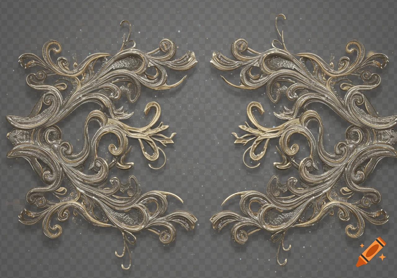 Symmetrical, ornate silver and gold metallic scrollwork against a transparent checkerboard background.