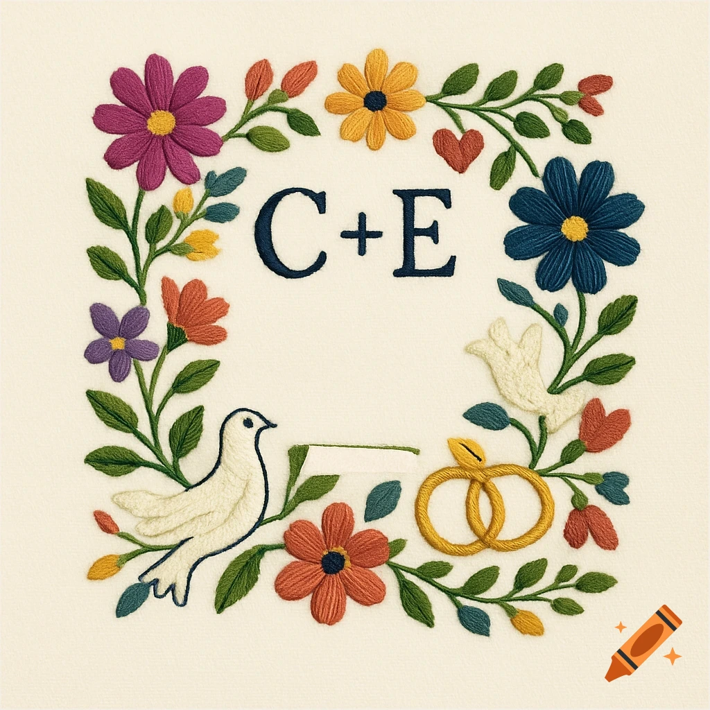 Colorful embroidery pattern featuring a square floral wreath with 'C+E' initials, doves, and wedding rings on a cream background.