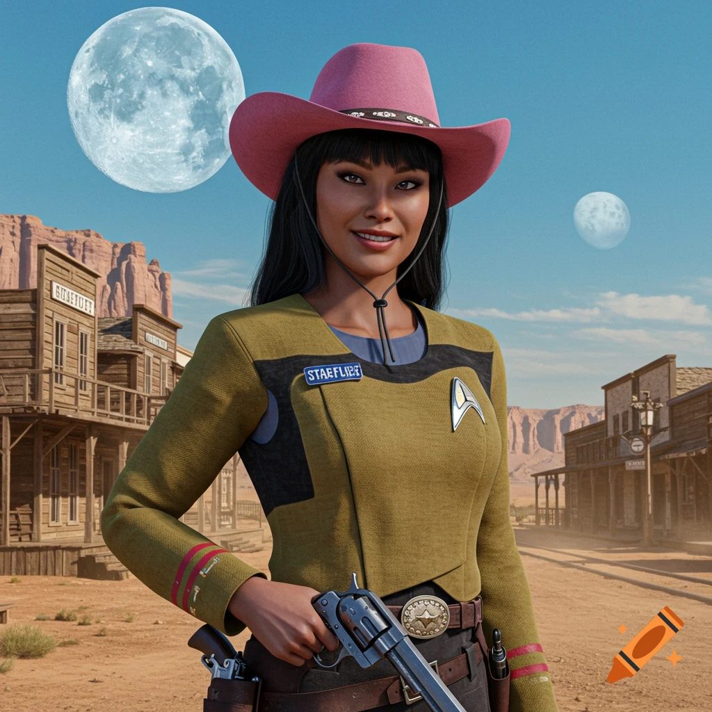 A smiling woman with black hair and a pink cowboy hat, wearing a Starfleet uniform top and a western-style gun belt, holding a revolver. She stands in a dusty old west town under a blue sky with a large moon.
