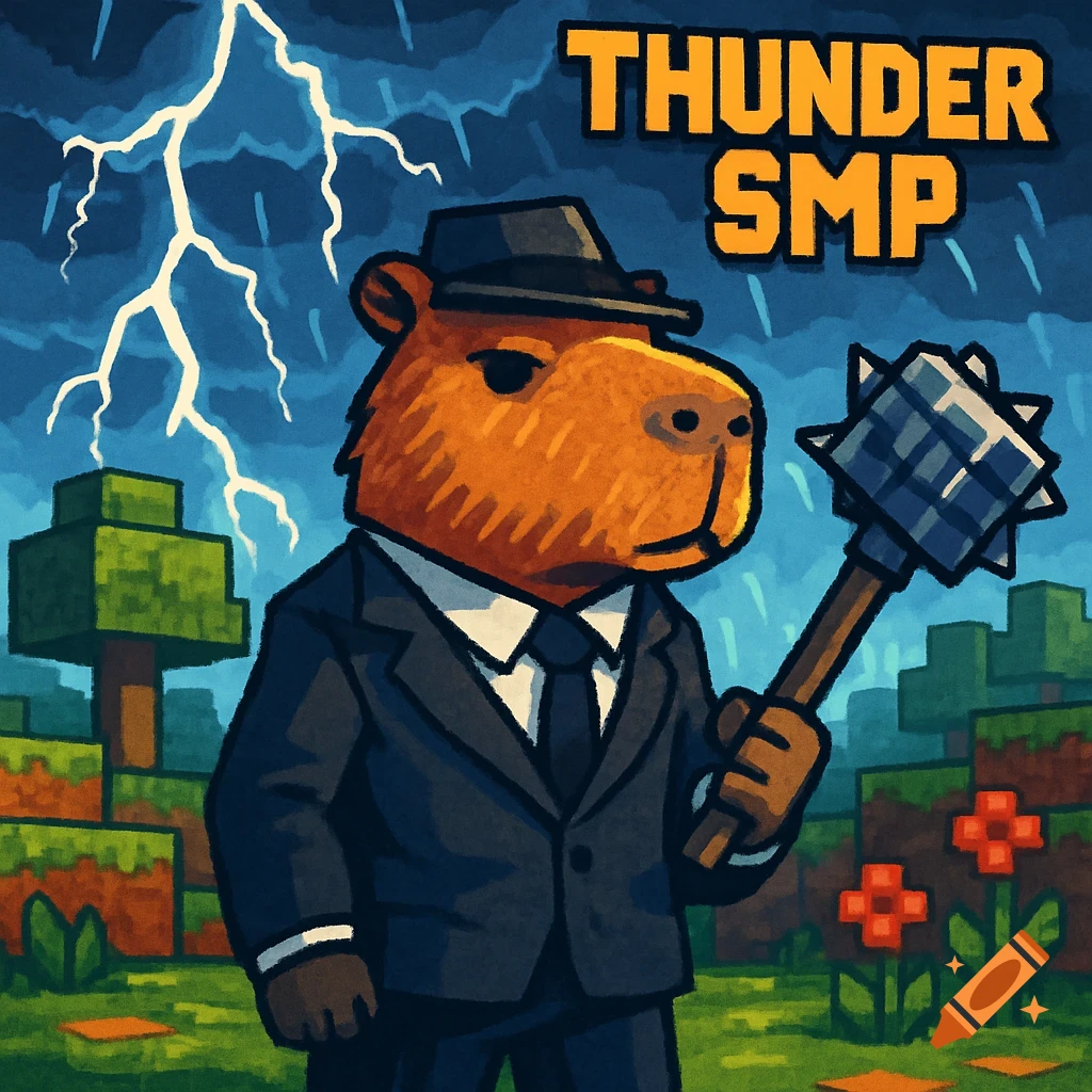 A cartoon capybara in a suit holds a mace in a Minecraft-style landscape with lightning. Text reads 'THUNDER SMP'.