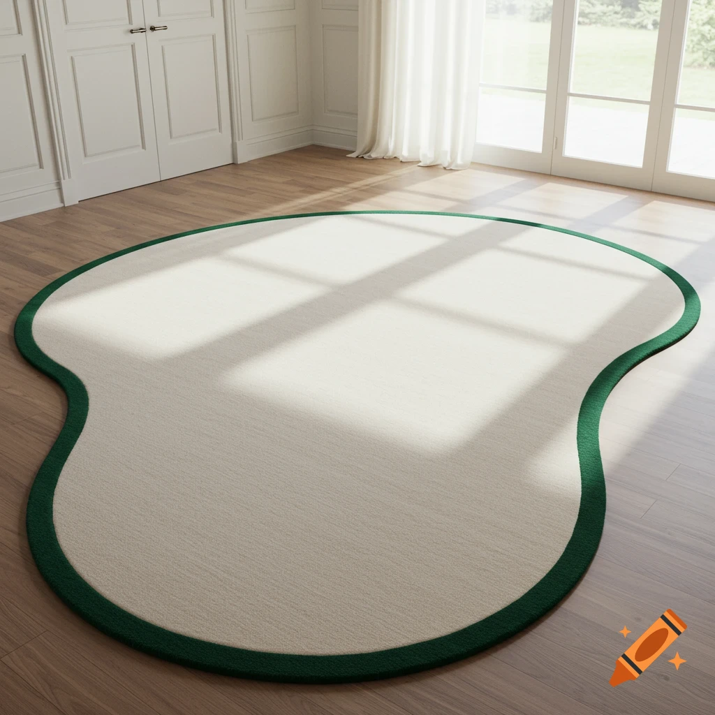 An off-white bean-shaped rug with a dark green border on a wooden floor in a sunlit room.